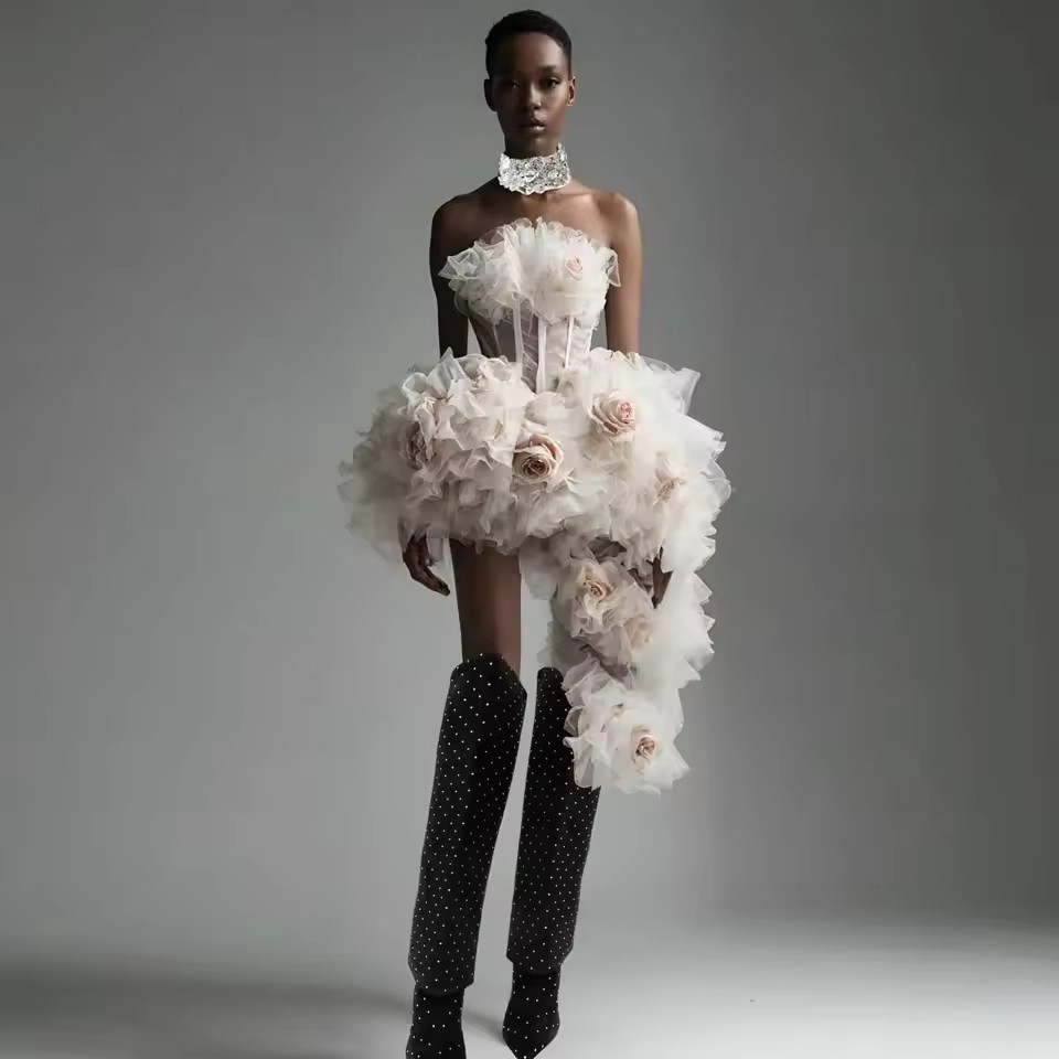 Women Formal Event Wear - 비대칭 꽃무늬 짧은 파티 드레스 러플