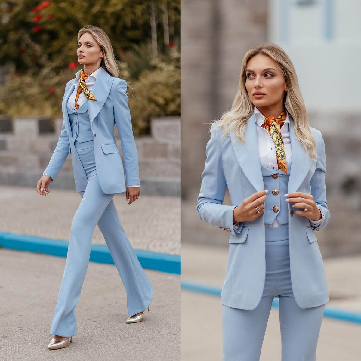 Women Formal Party Wear Dress - 여성 정장 수트 하늘색 피크드 라펠