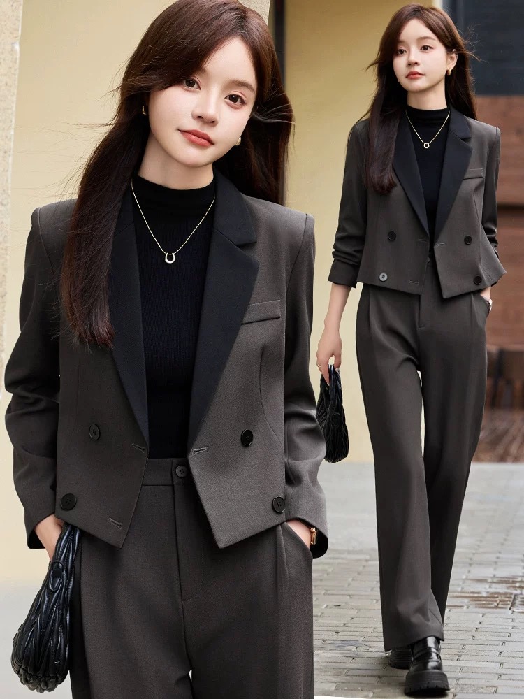Women Formal Wear Shirt And Pant - 여성용 그레이 숏 블레이저, 새로운 가을