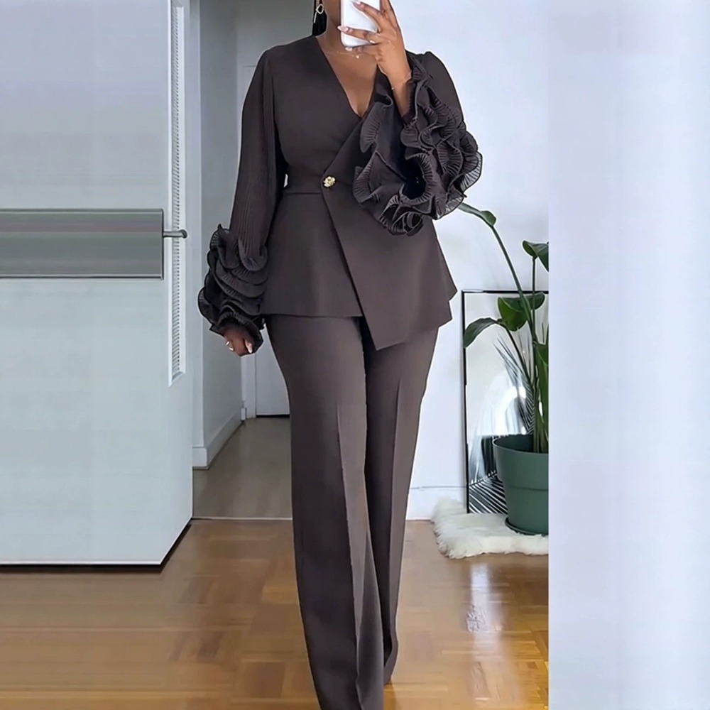 Women'S Formal Wear With Pants - 여성용 2피스 팬츠 슈트 딥-V 러플
