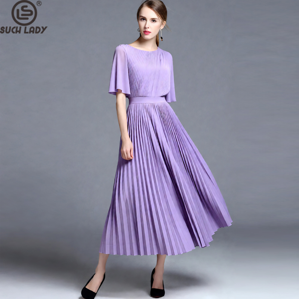 Women'S Formal Wear For A Wedding Guest - 여성용 라일락 케이프 슬리브 플리츠 미디