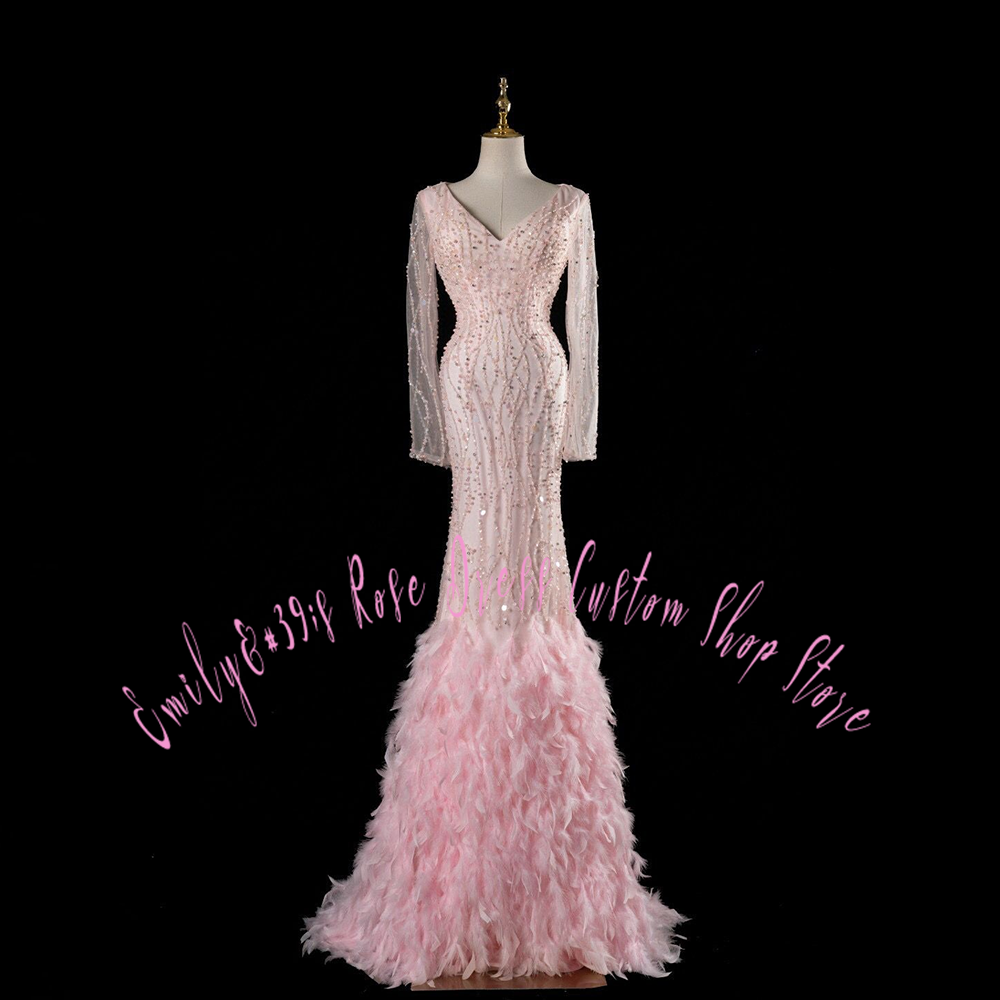 Women Formal Event Wear - 글램 핑크 페더 트럼펫 이브닝 가운