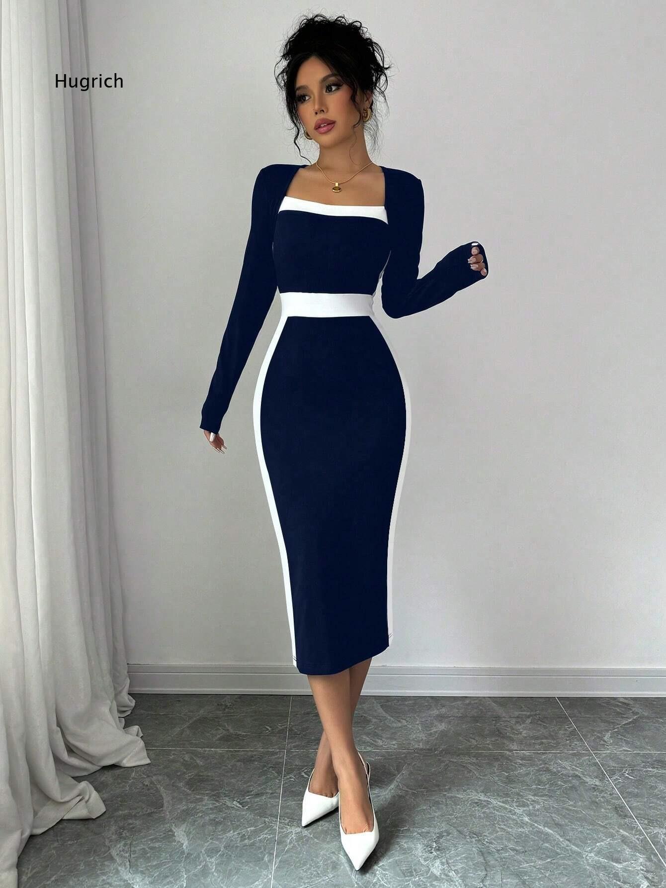 Women Formal Event Wear - 스퀘어넥 긴팔 미디 바디콘 드레스 여성