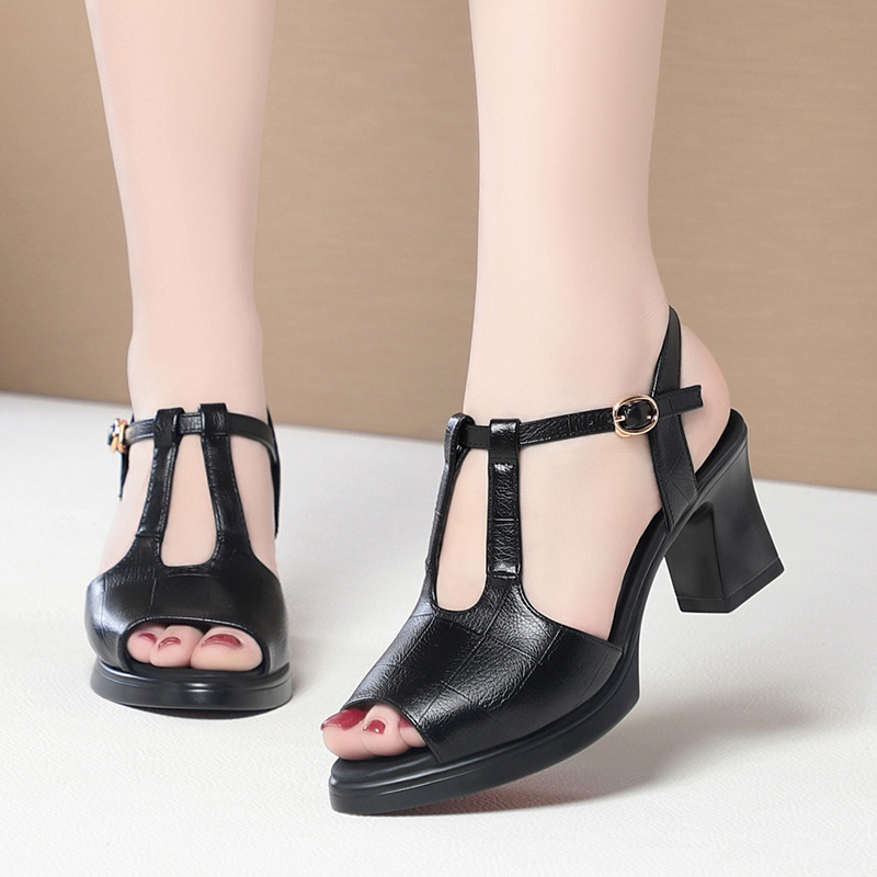 여성용 블랙 가죽 티스트랩 피프토 샌들, 청키 힐과 조 - Formal Women Daily Wear Sandals 리뷰 및 가격