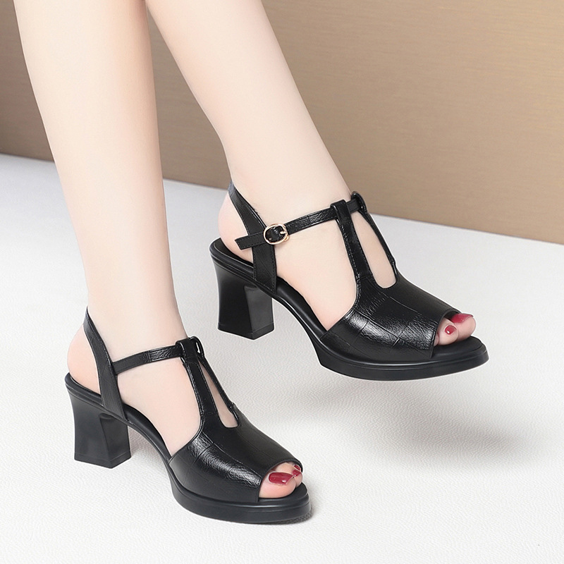 여성용 블랙 가죽 티스트랩 피프토 샌들, 청키 힐과 조 - Formal Women Daily Wear Sandals 리뷰 및 가격