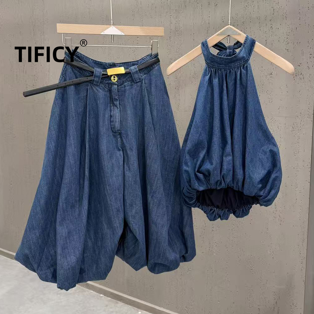 하이 스트리트 진 2피스 세트 여성용 신상 홀터넥 백리 - Women'S Formal Wear With Pants 리뷰 및 가격