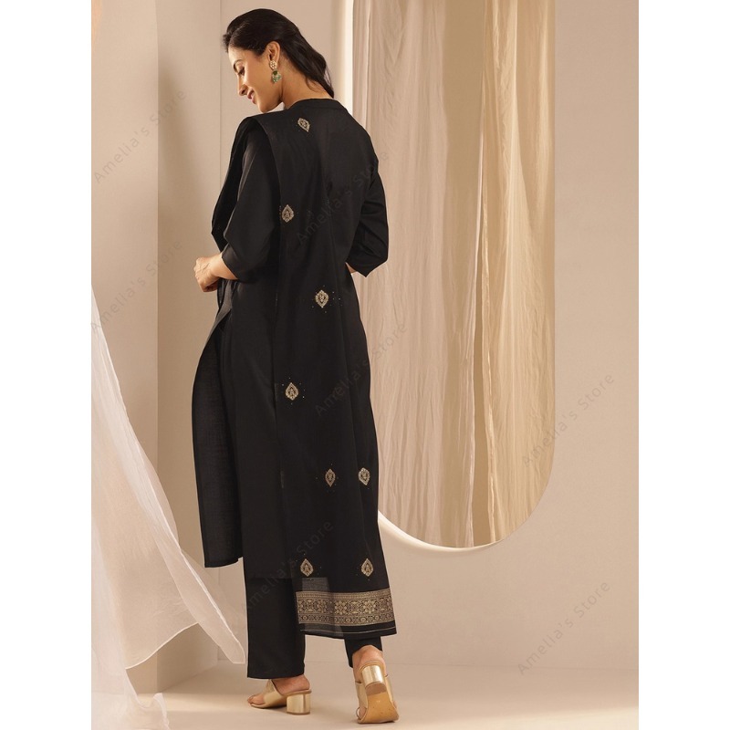 여성용 블랙 자카드 쿠르타 팬츠 두파타 3종 세트, 우 - Women Formal Wear Ethnic 리뷰 및 가격