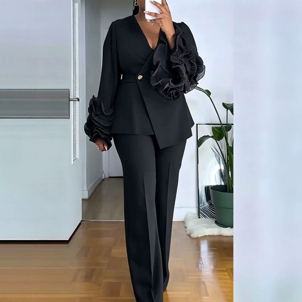 여성용 2피스 팬츠 슈트 딥-V 러플 긴소매 블레이저  - Women'S Formal Wear With Pants 리뷰 및 가격