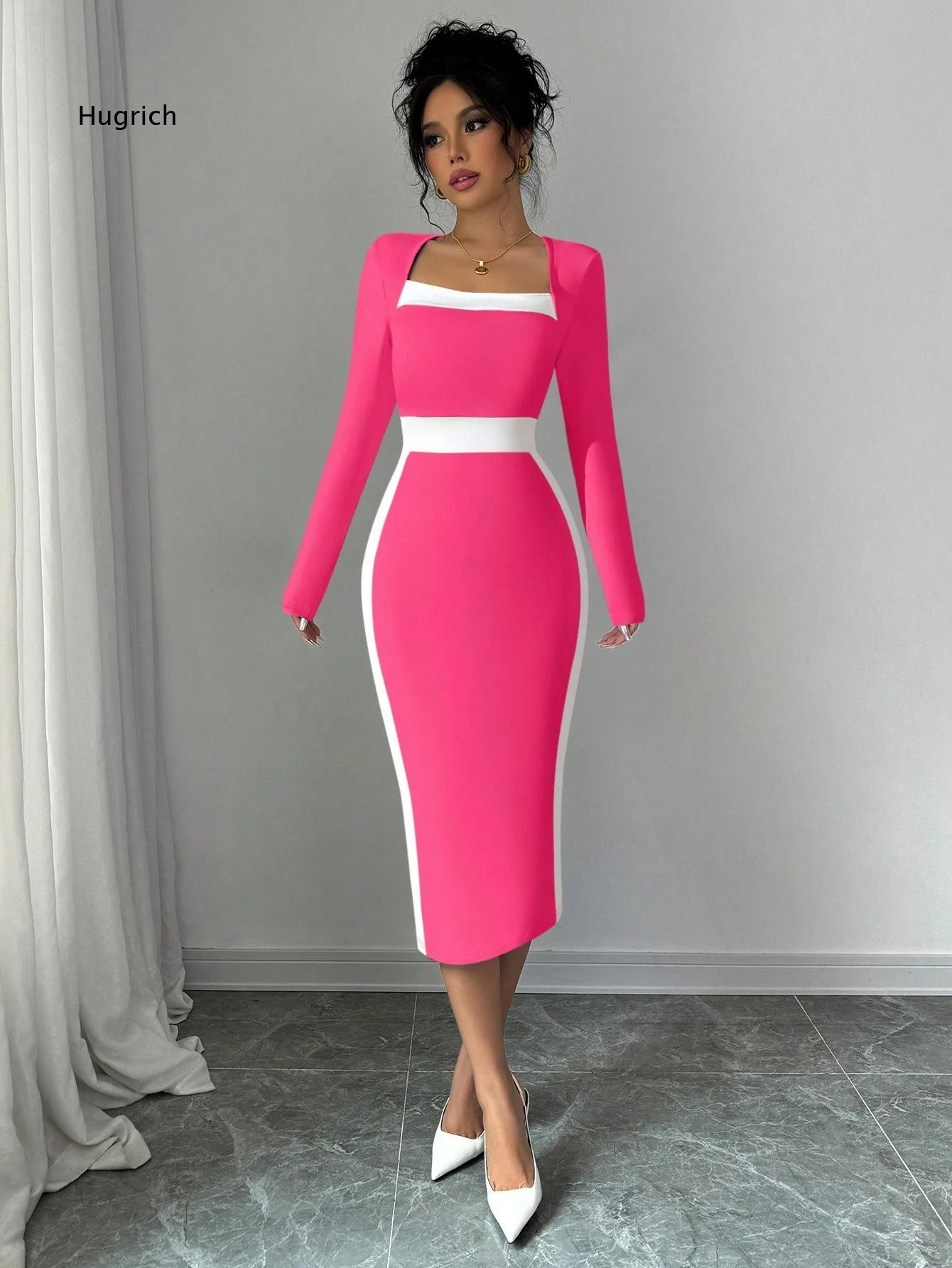 스퀘어넥 긴팔 미디 바디콘 드레스 여성 컬러 블록 슬림 - Women Formal Event Wear 리뷰 및 가격