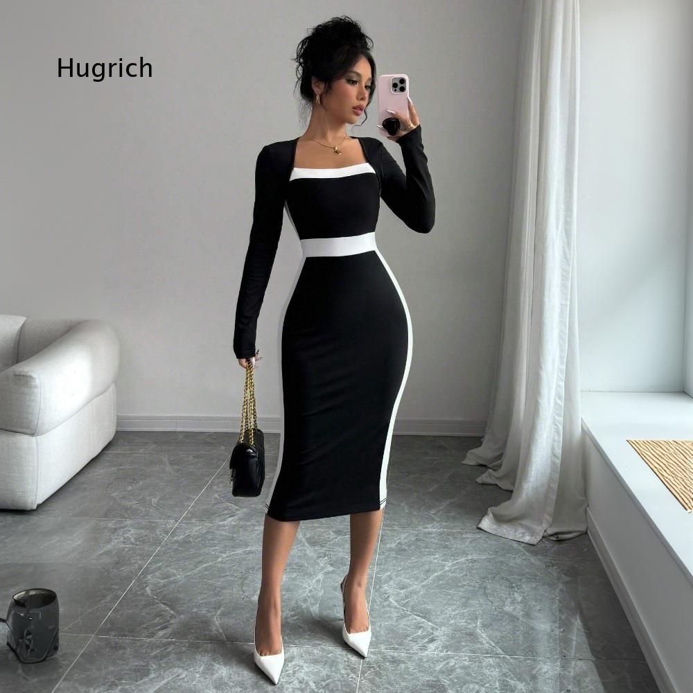스퀘어넥 긴팔 미디 바디콘 드레스 여성 컬러 블록 슬림 - Women Formal Event Wear 리뷰 및 가격